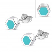 Tiny Turquoise Hexagon Silver Stud Earrings, e372